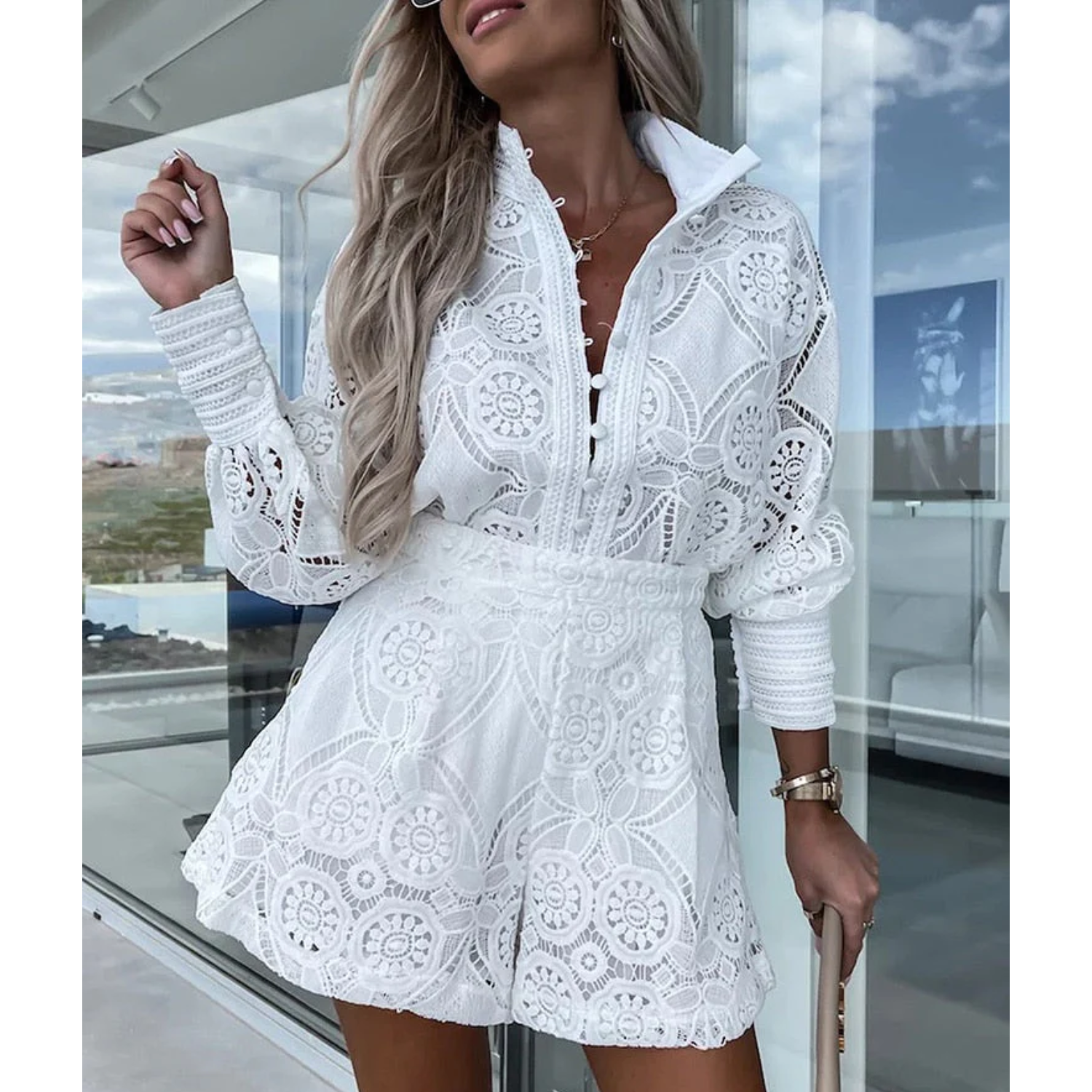 Elegant Lace Romper with Long Sleeves and Shorts