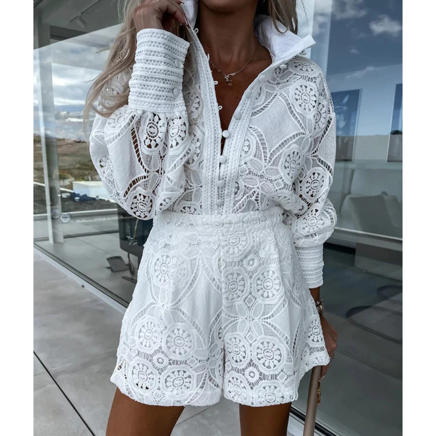 Elegant Lace Romper with Long Sleeves and Shorts