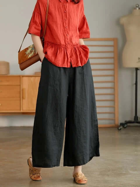 Linen-Cotton Wide Leg Trousers for Casual Summer Wear