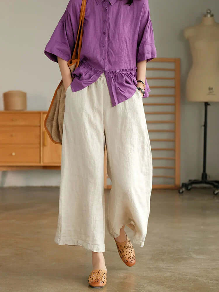 Linen-Cotton Wide Leg Trousers for Casual Summer Wear