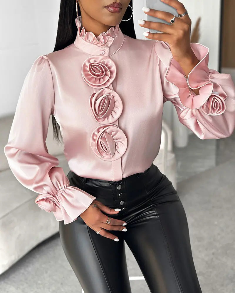 Rose Decorated Top with Flared Sleeves in Lightweight Fabric