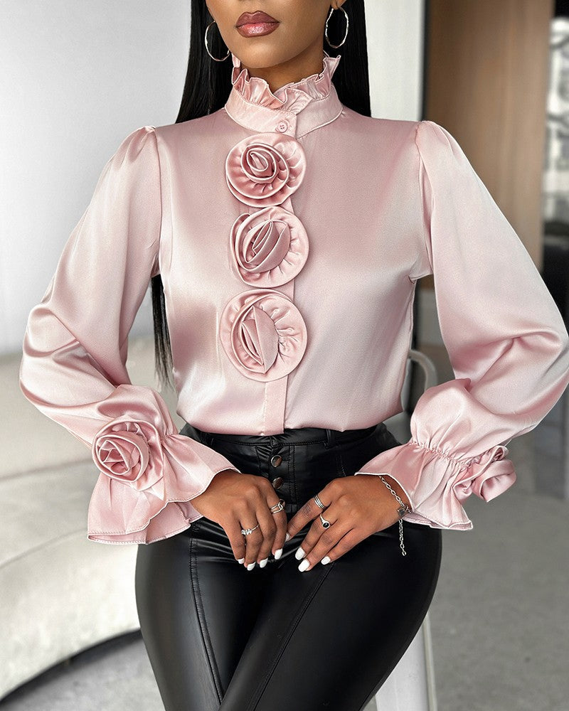 Rose Decorated Top with Flared Sleeves in Lightweight Fabric