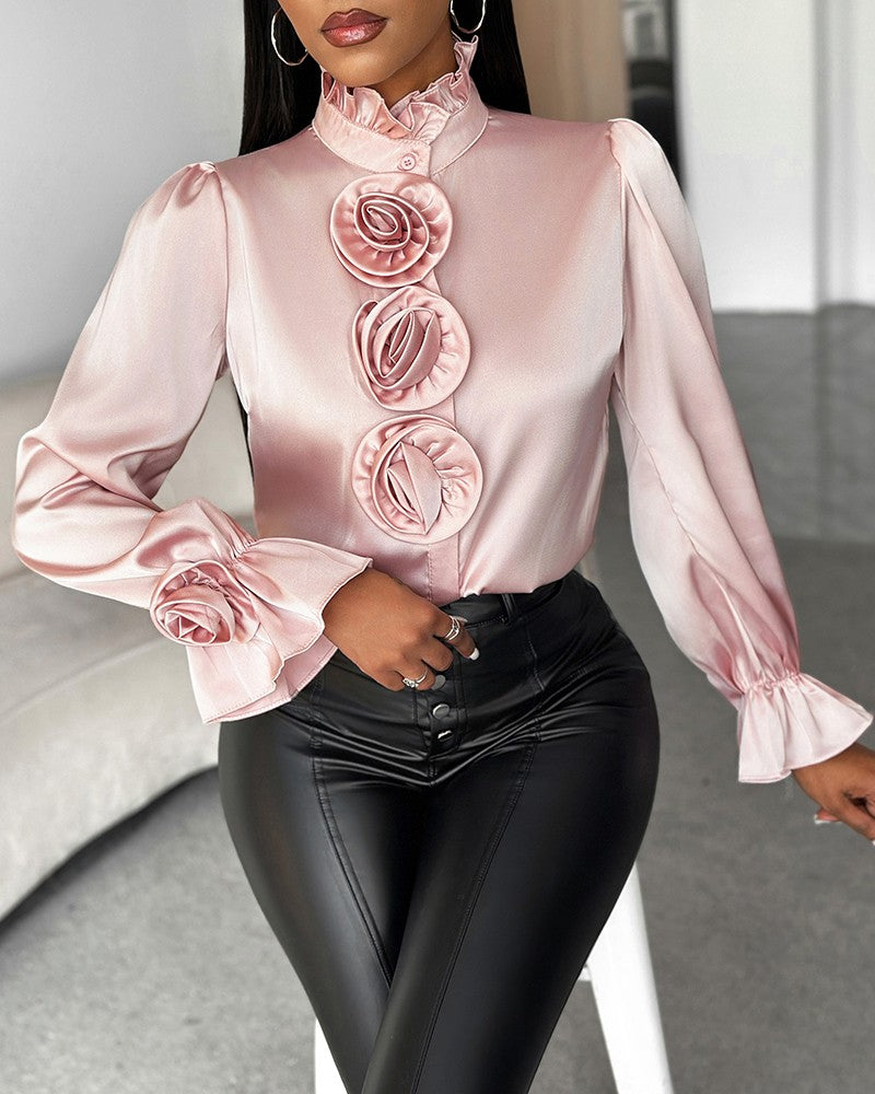 Rose Decorated Top with Flared Sleeves in Lightweight Fabric