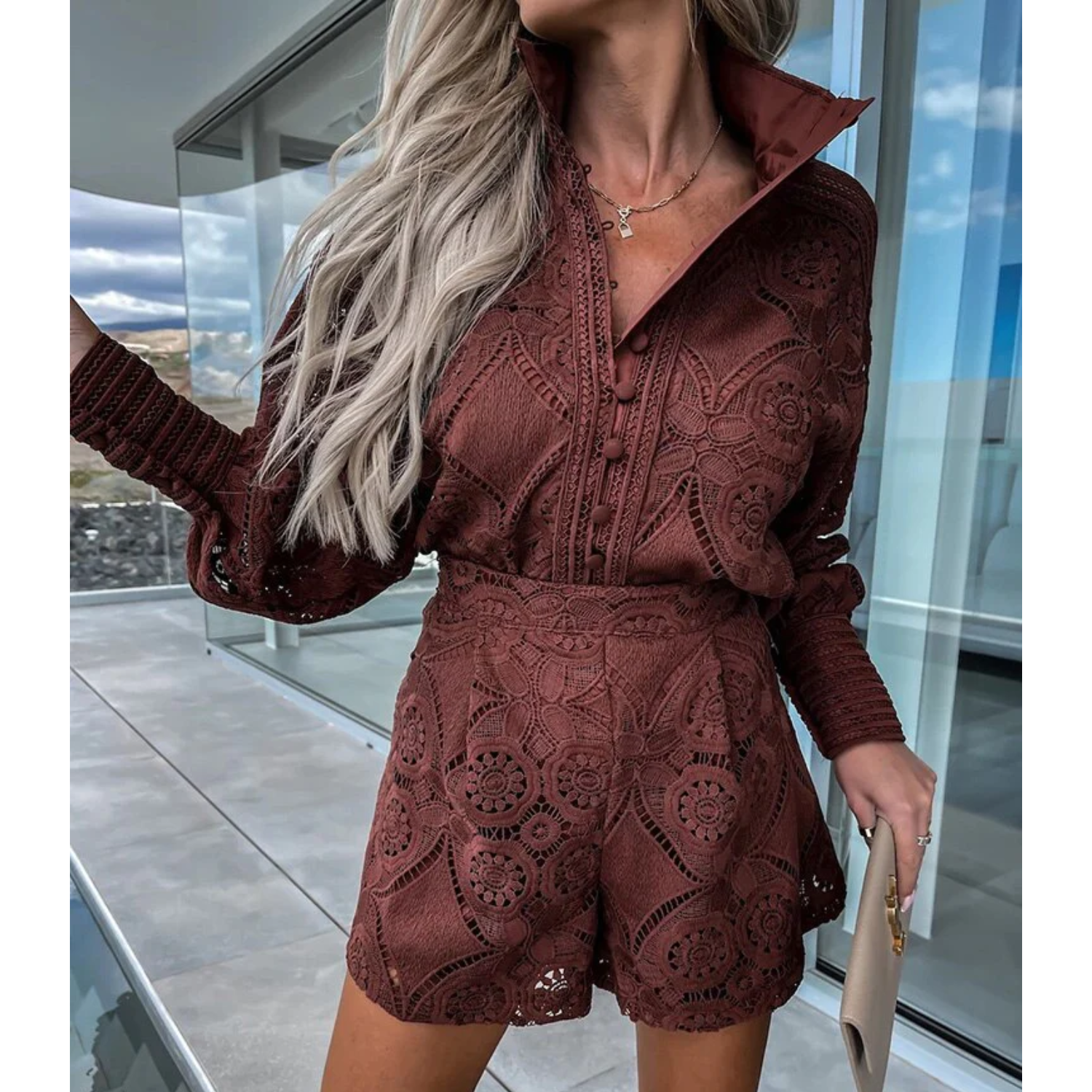 Elegant Lace Romper with Long Sleeves and Shorts