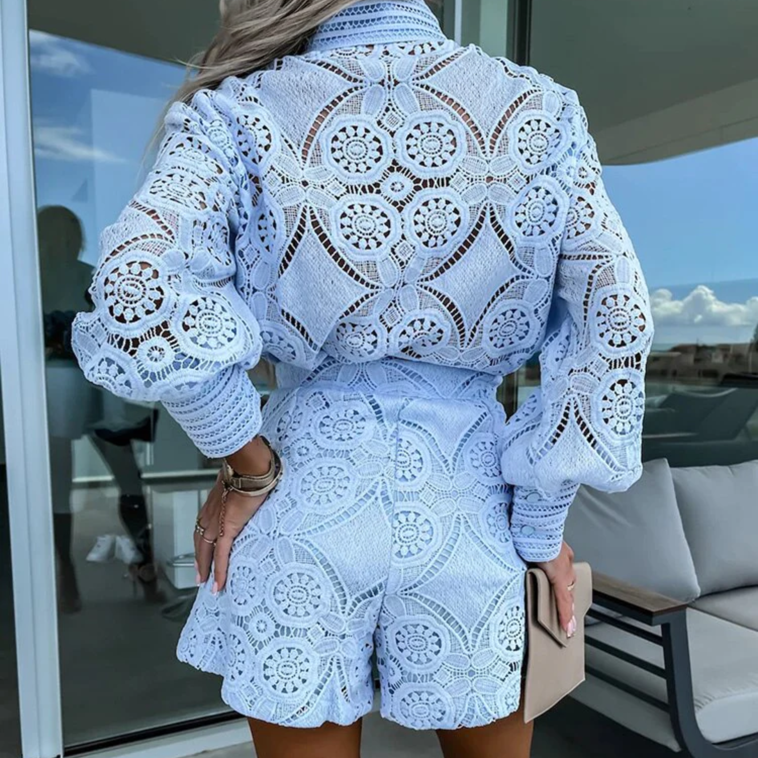 Elegant Lace Romper with Long Sleeves and Shorts