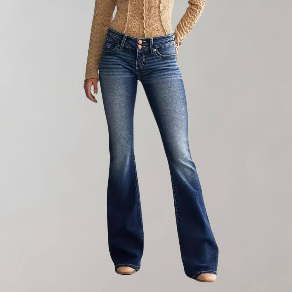 Flared Denim Trousers with Mid Waist and Double Button Fastening