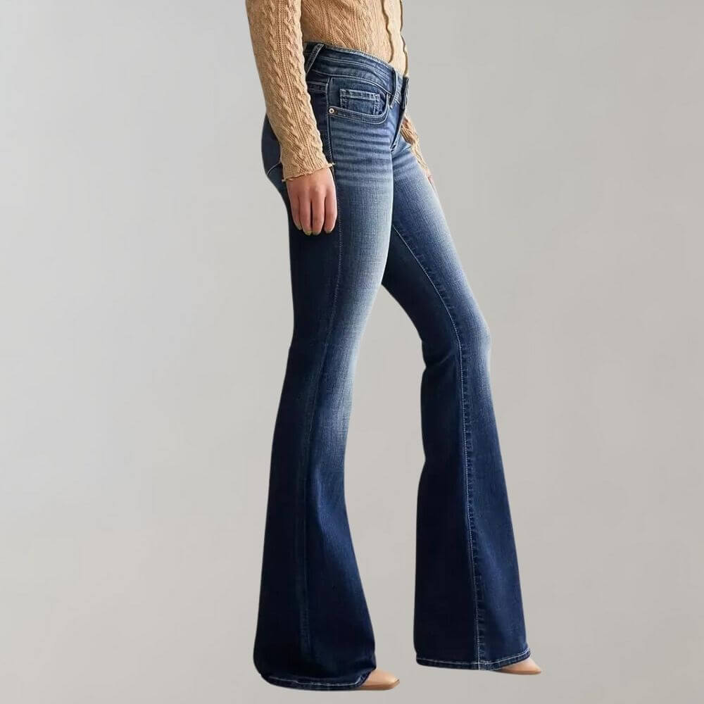 Flared Denim Trousers with Mid Waist and Double Button Fastening