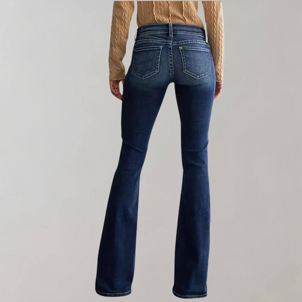 Flared Denim Trousers with Mid Waist and Double Button Fastening