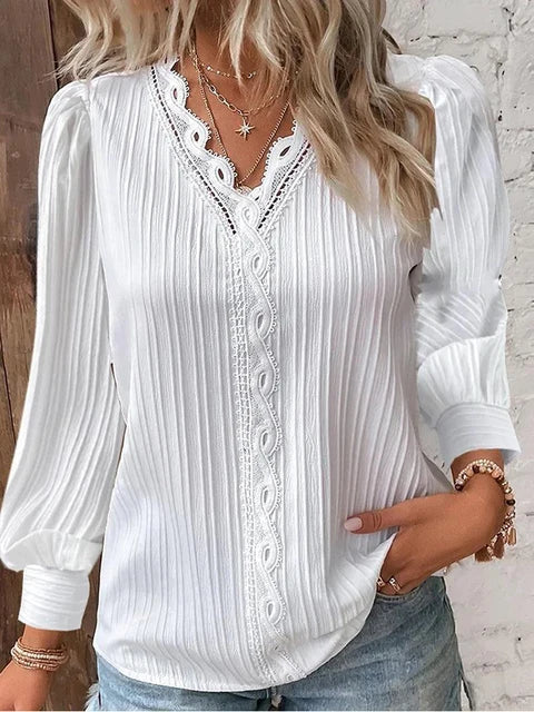 Elegant Solid Lace Top with V-Neck and Patchwork Details