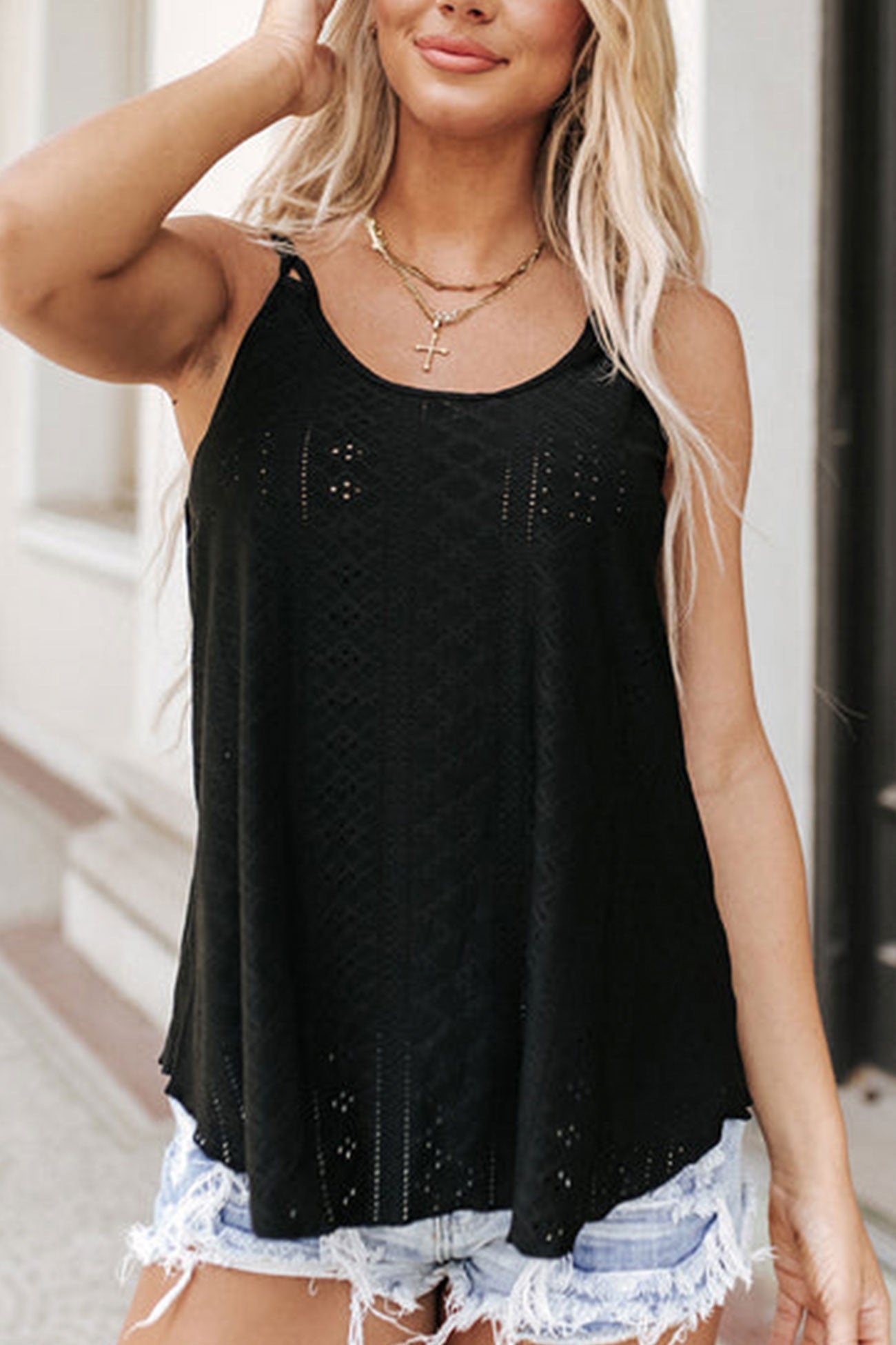 Eyelet Strappy Scoop Tank Top for Casual Summer Wear