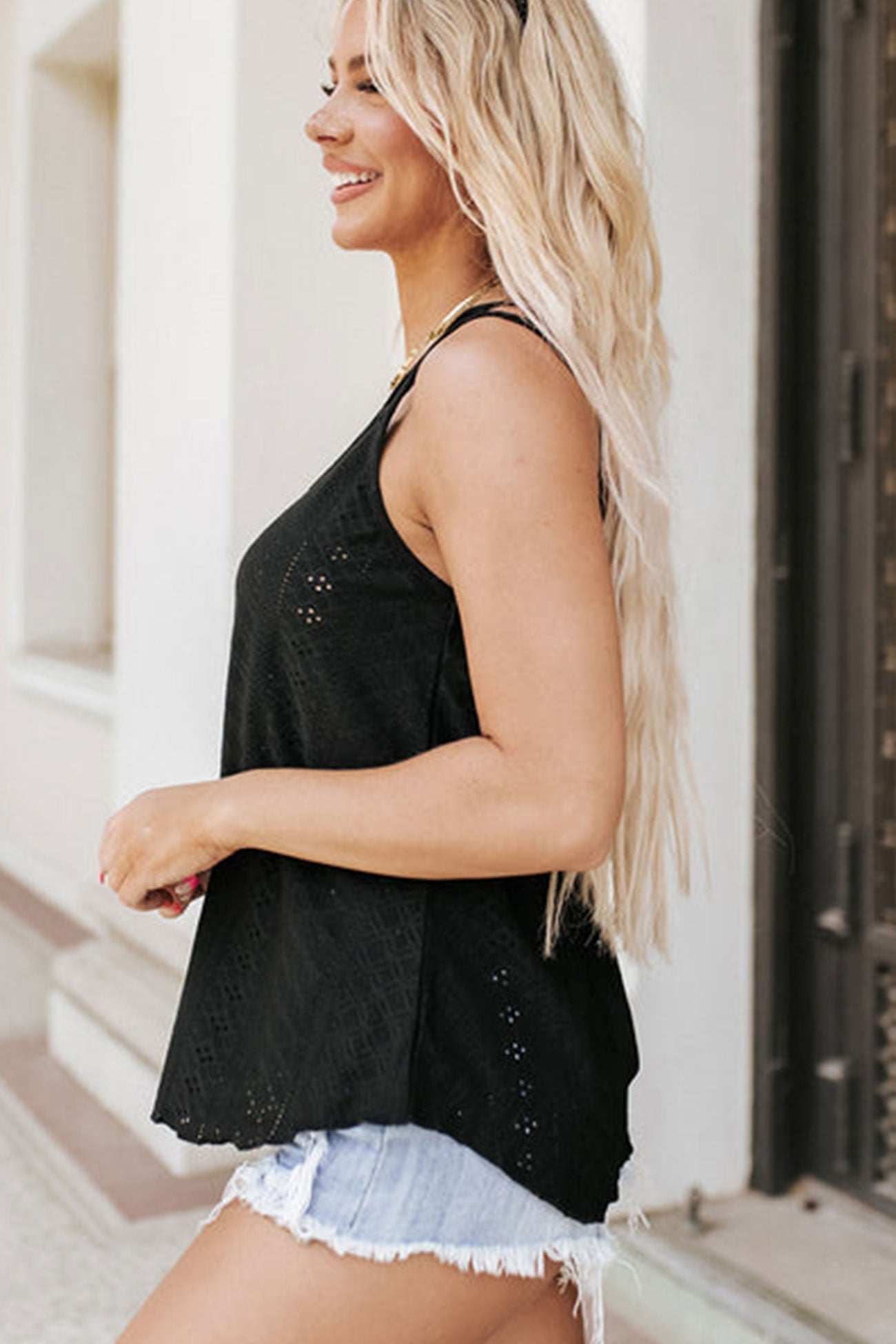 Eyelet Strappy Scoop Tank Top for Casual Summer Wear