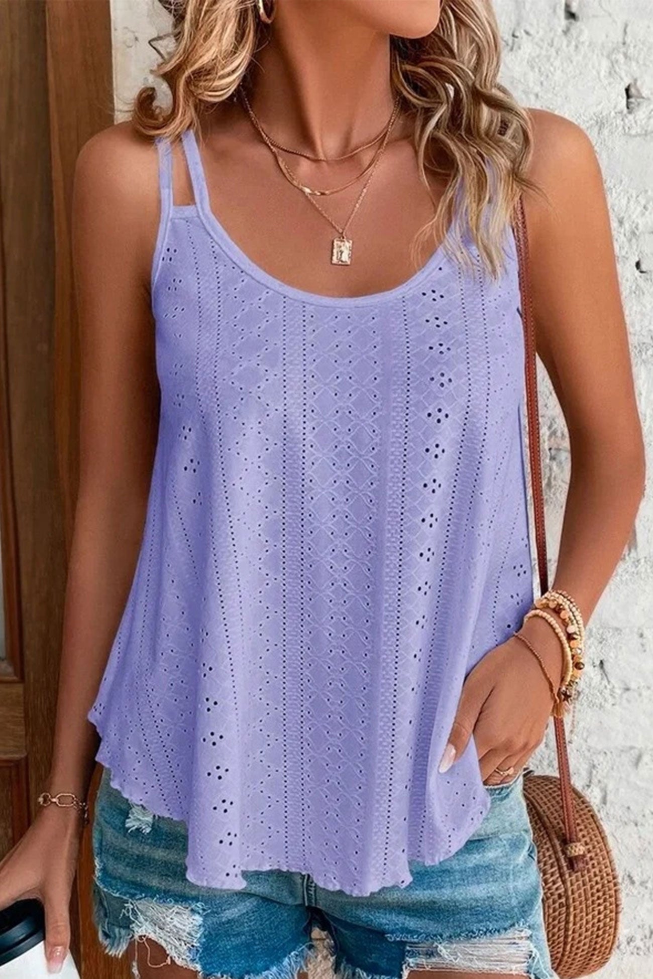 Eyelet Strappy Scoop Tank Top for Casual Summer Wear