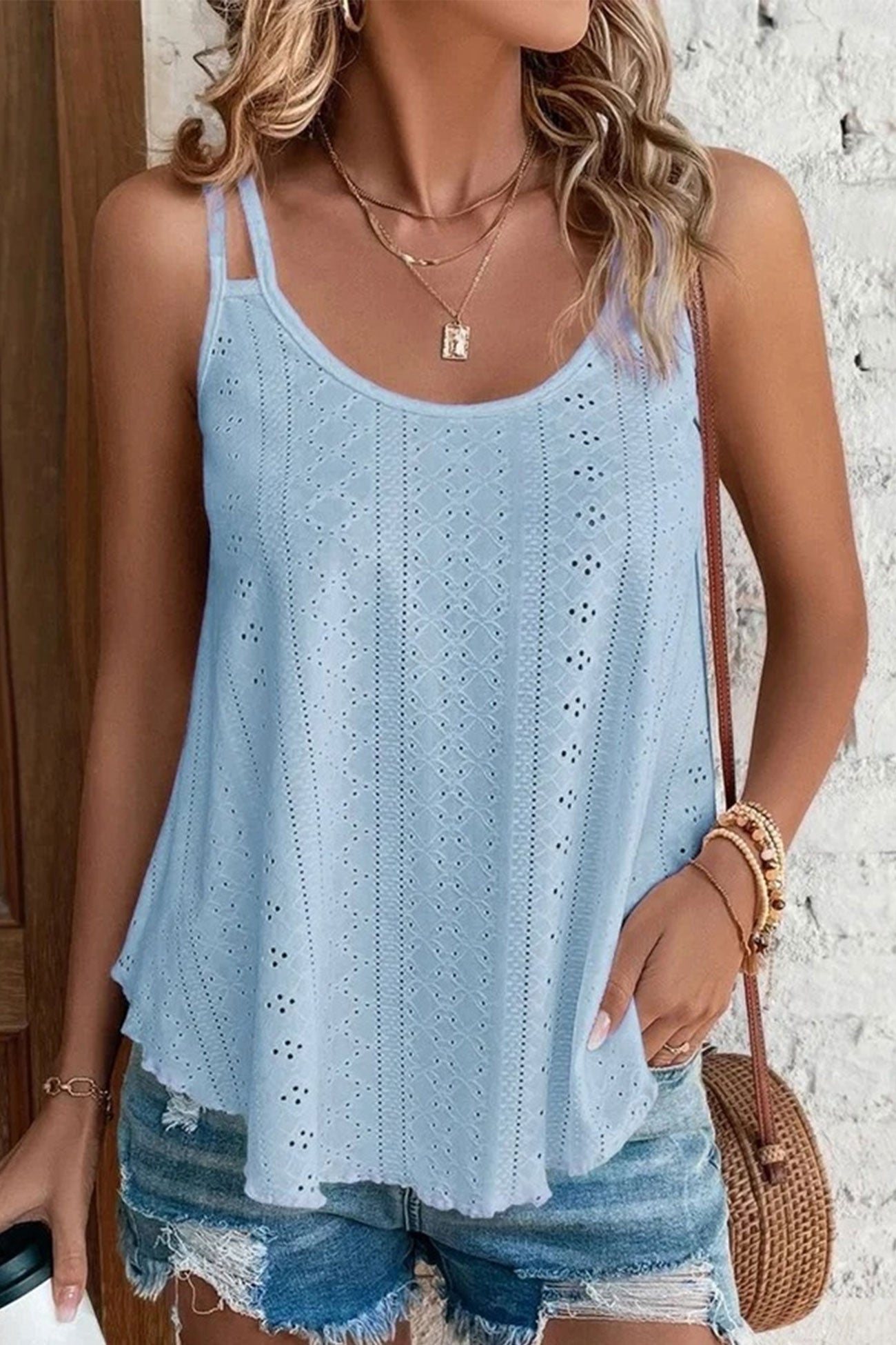 Eyelet Strappy Scoop Tank Top for Casual Summer Wear