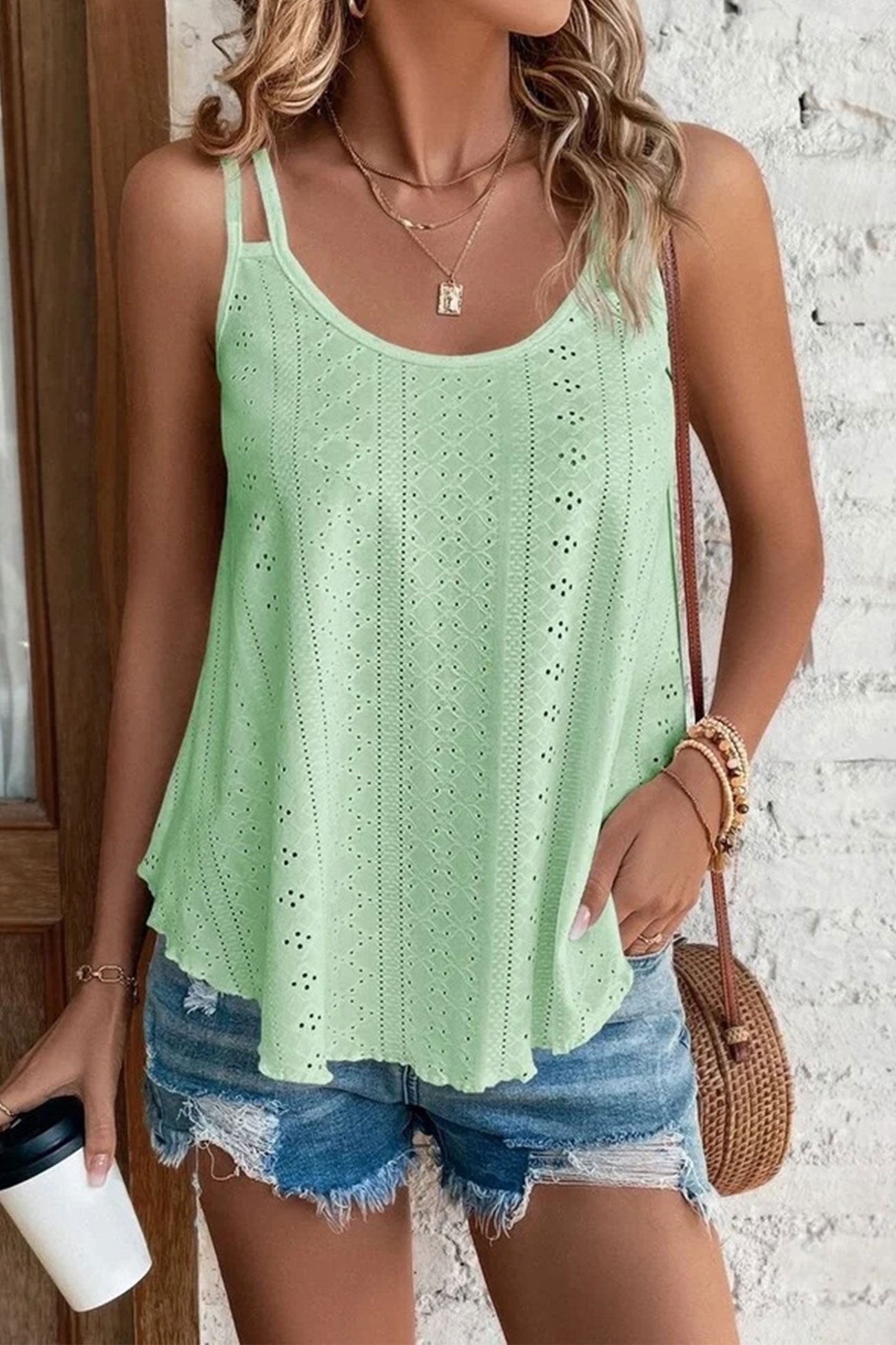 Eyelet Strappy Scoop Tank Top for Casual Summer Wear