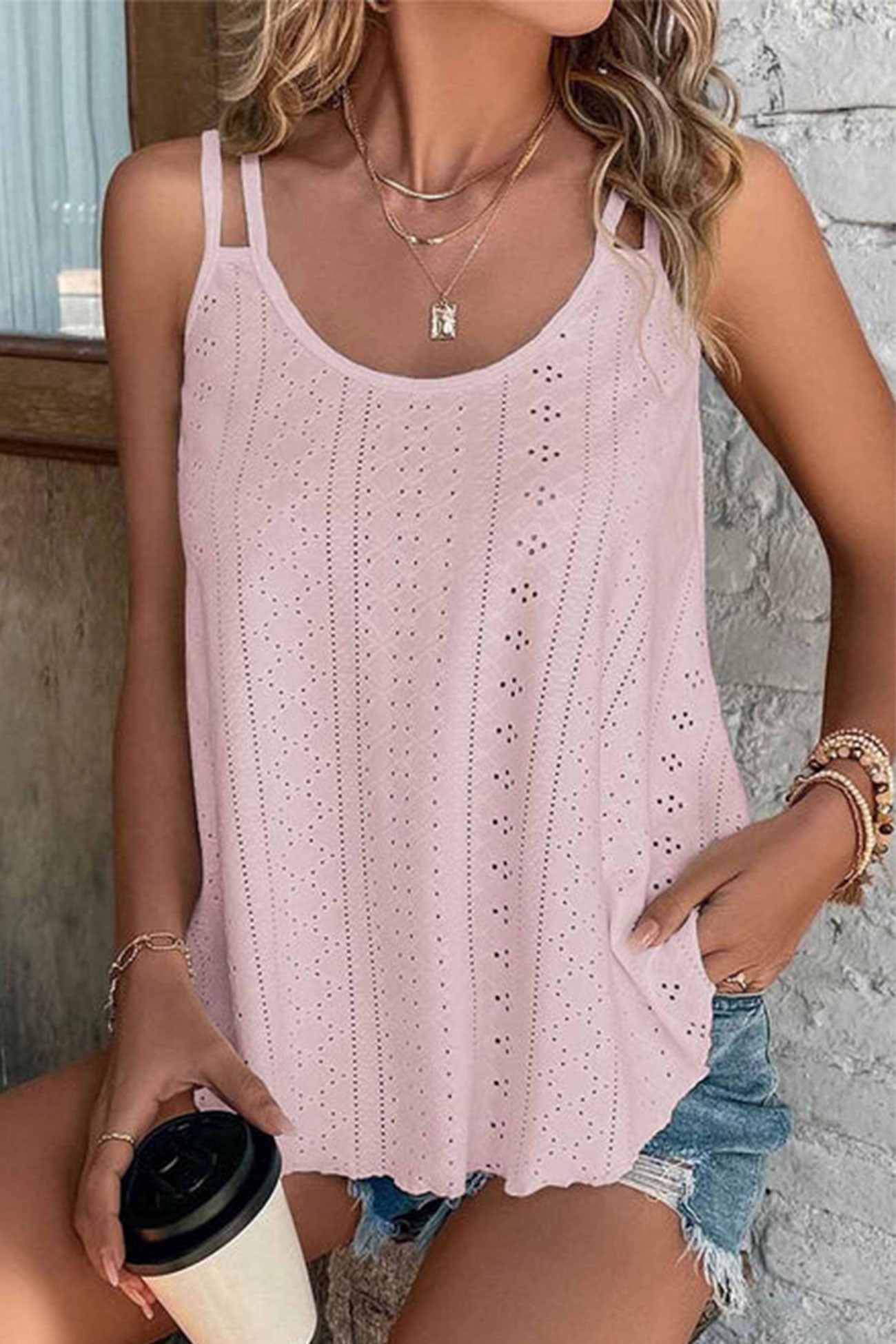 Eyelet Strappy Scoop Tank Top for Casual Summer Wear