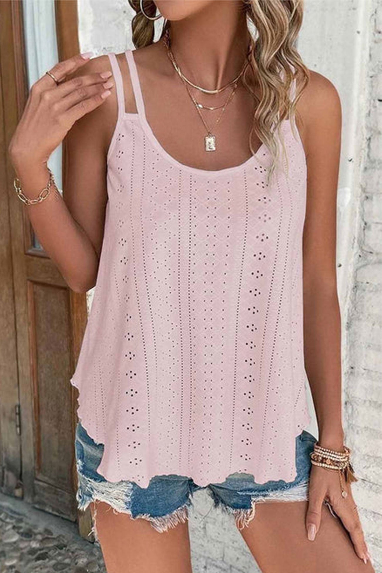 Eyelet Strappy Scoop Tank Top for Casual Summer Wear