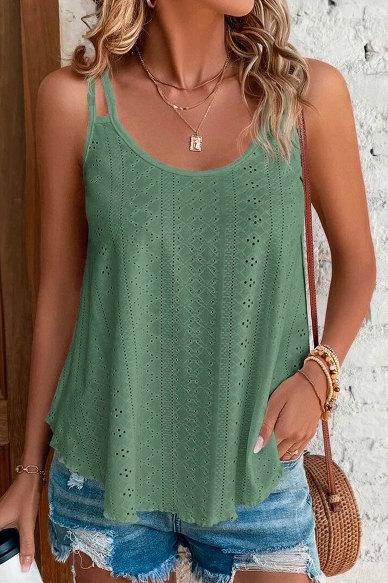 Eyelet Strappy Scoop Tank Top for Casual Summer Wear