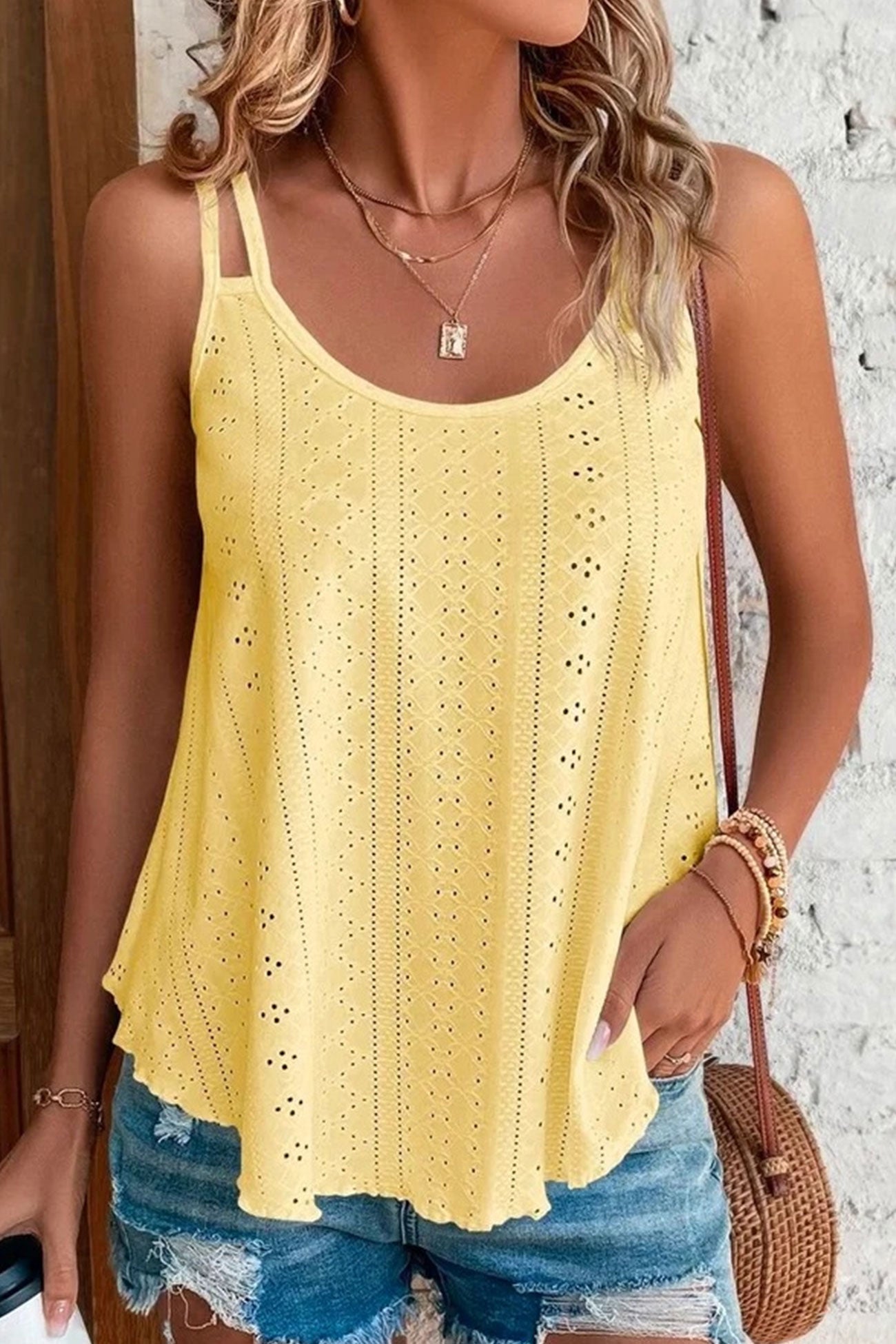 Eyelet Strappy Scoop Tank Top for Casual Summer Wear