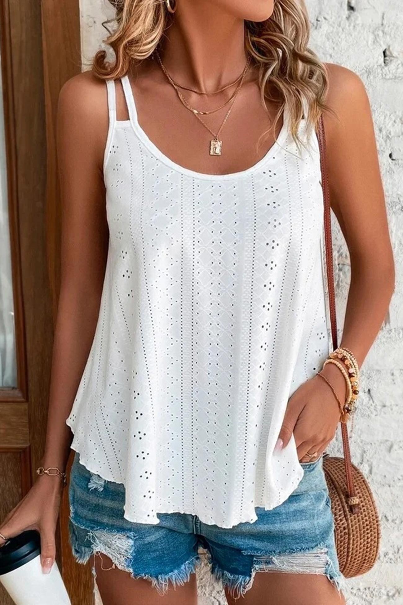 Eyelet Strappy Scoop Tank Top for Casual Summer Wear