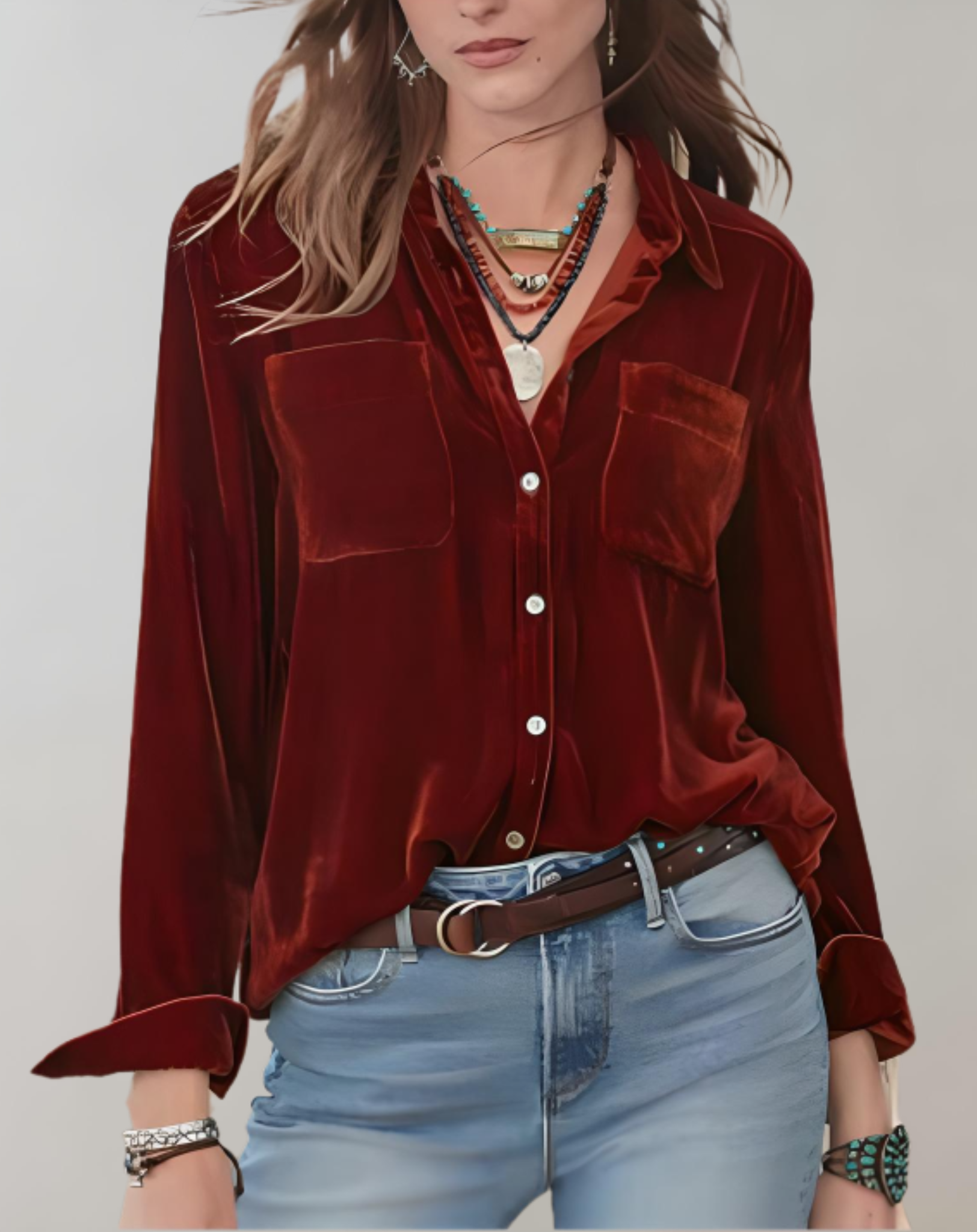 Velvet Long Sleeve Top with Pockets in Loose Fit