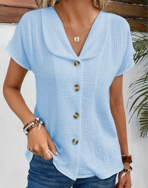 Stylish V-Neck Button Top with Short Sleeves