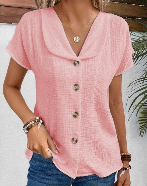 Stylish V-Neck Button Top with Short Sleeves