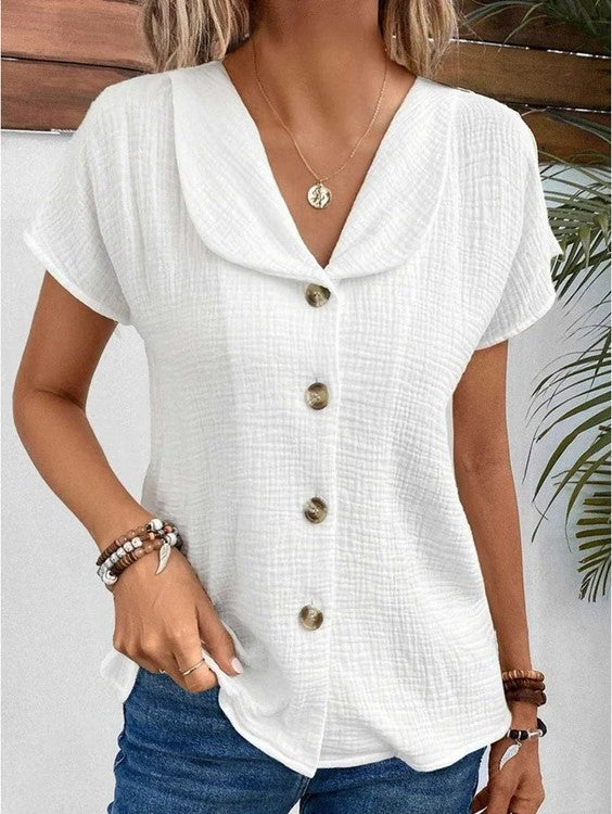 Stylish V-Neck Button Top with Short Sleeves