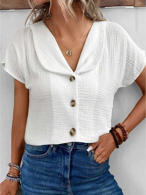 Stylish V-Neck Button Top with Short Sleeves