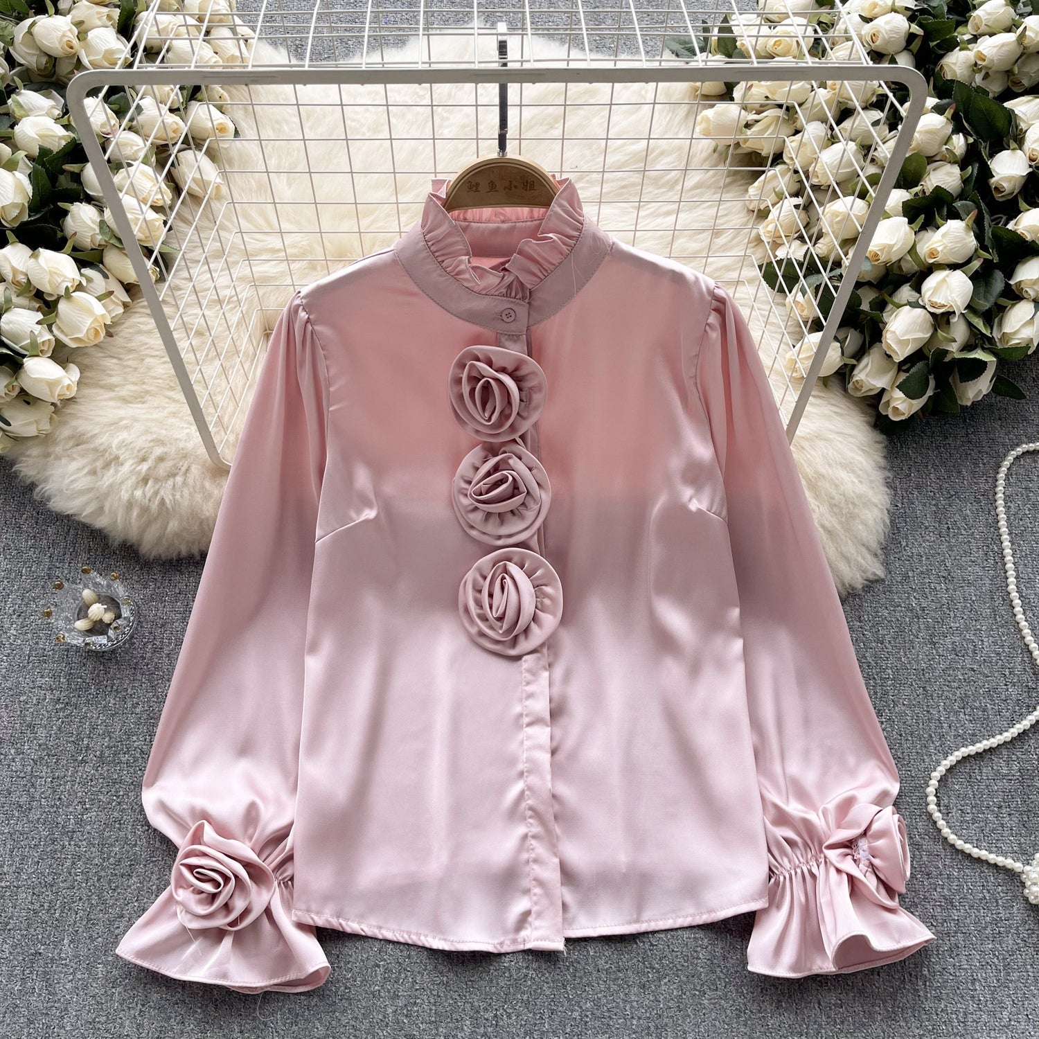 Rose Decorated Top with Flared Sleeves in Lightweight Fabric