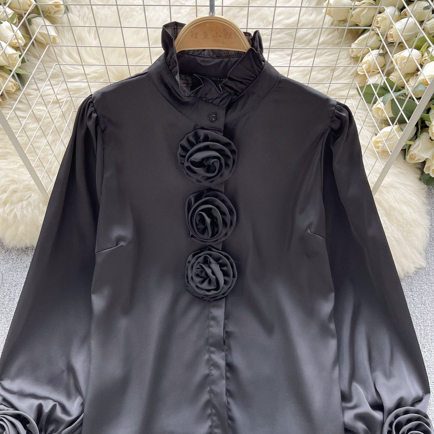 Rose Decorated Top with Flared Sleeves in Lightweight Fabric