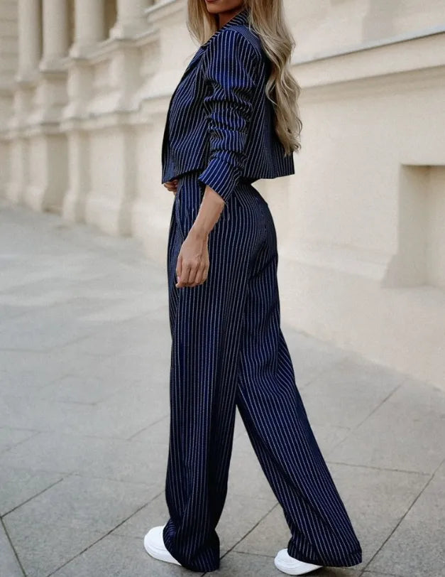 Elegant Striped Blazer and Wide-Leg Pants Suit Set