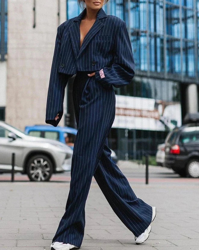 Elegant Striped Blazer and Wide-Leg Pants Suit Set