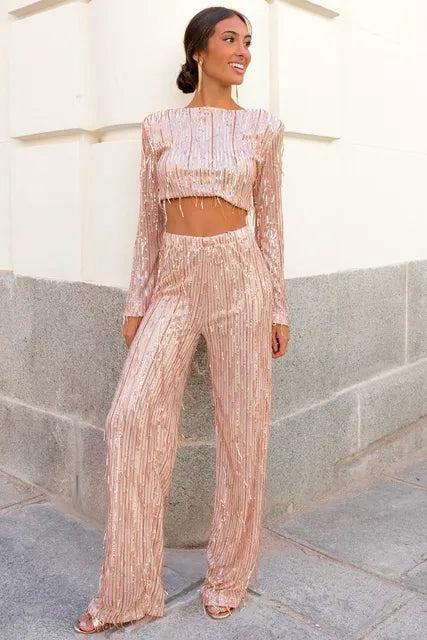 Pants and Crop Top Set with Tassels and Sequins