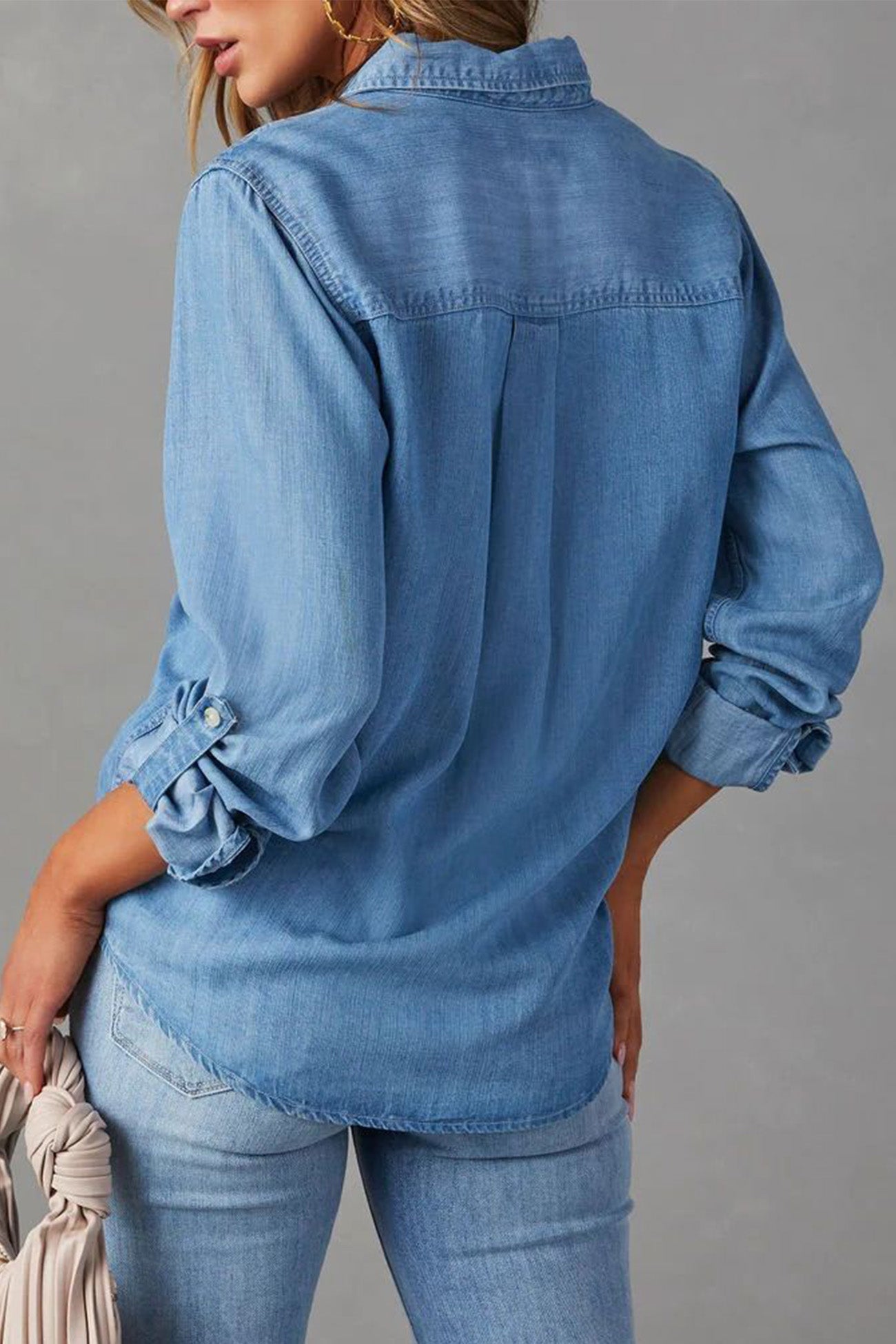 Long Sleeve Button-Up Denim Blouse for Versatile Styling