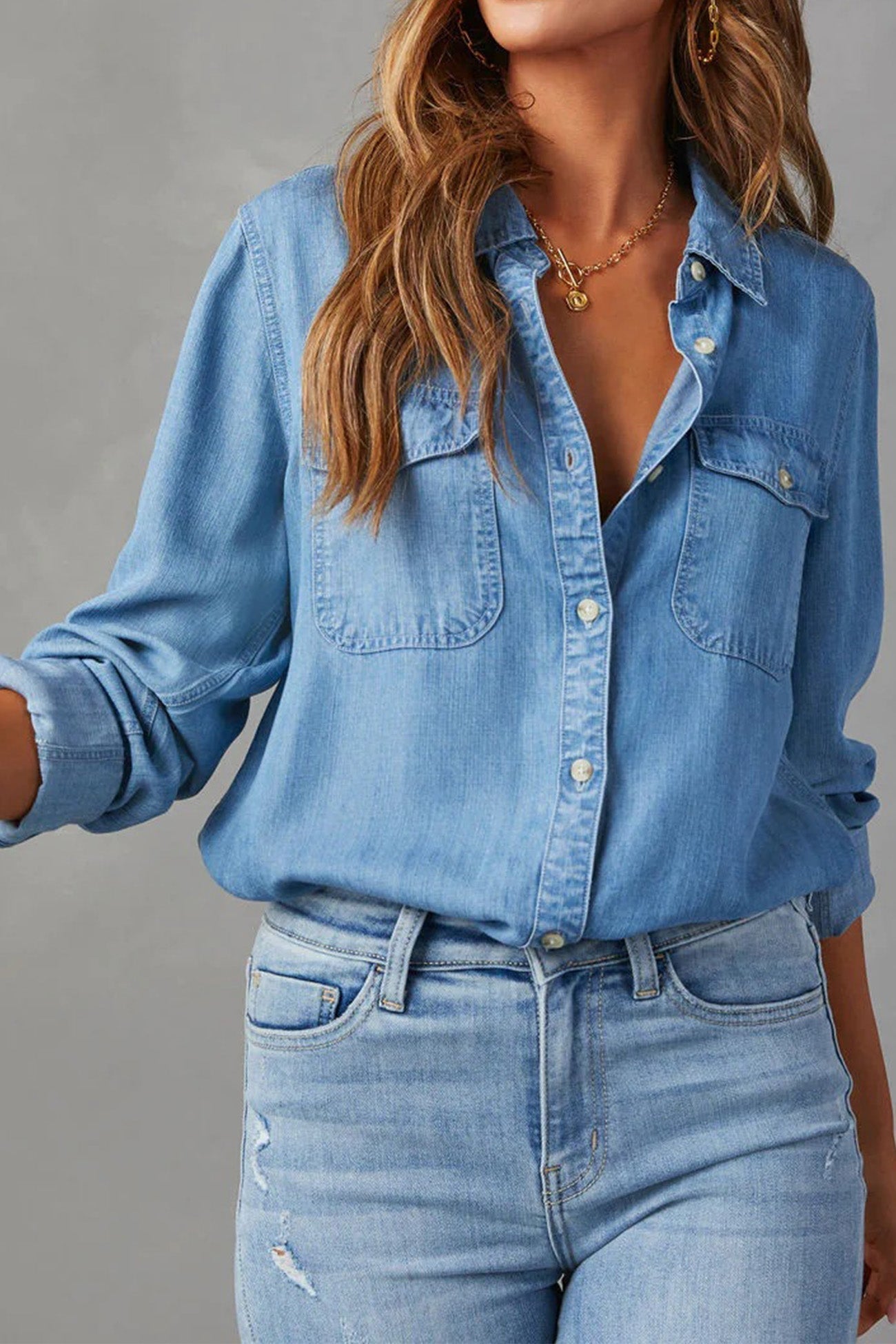 Long Sleeve Button-Up Denim Blouse for Versatile Styling