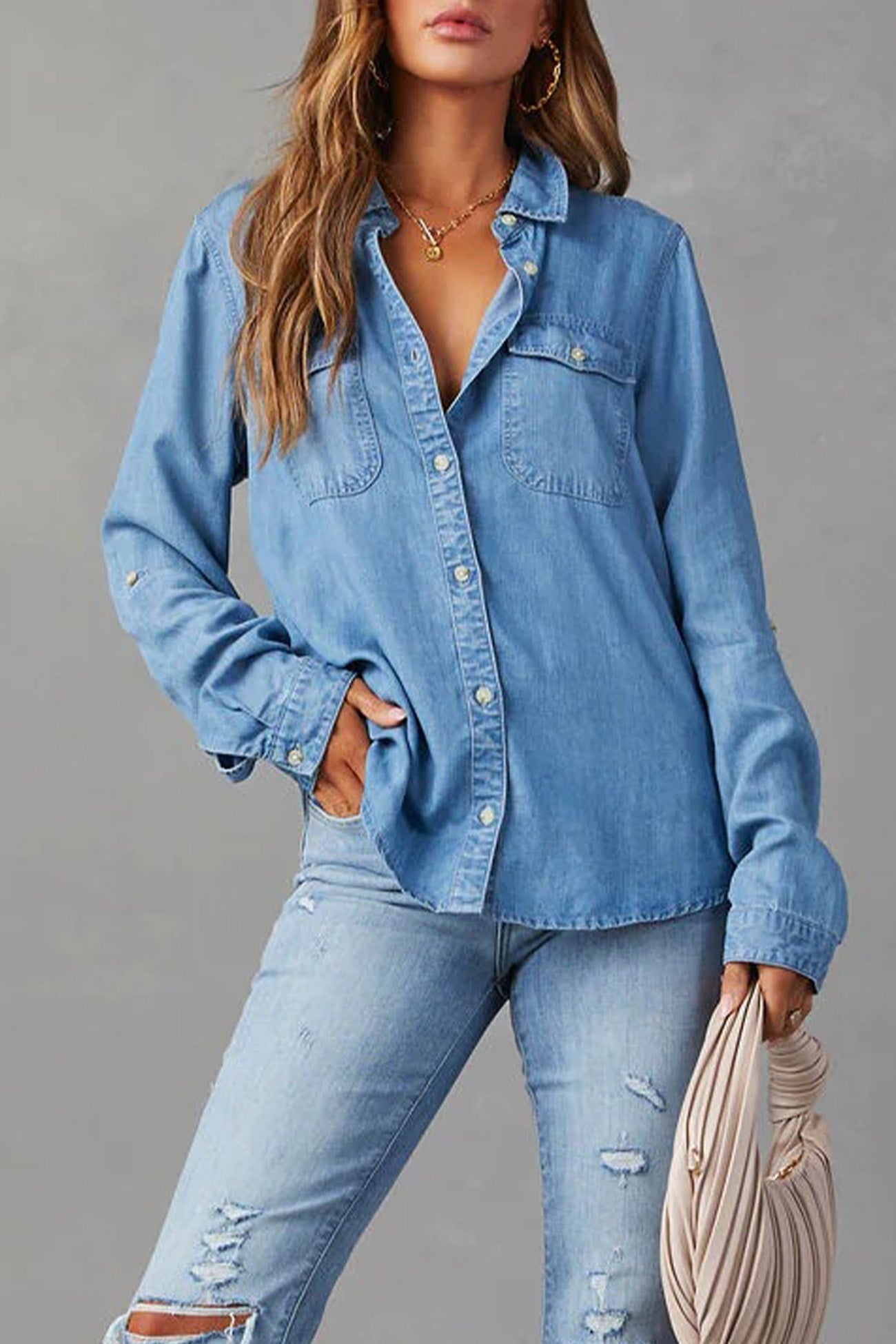 Long Sleeve Button-Up Denim Blouse for Versatile Styling