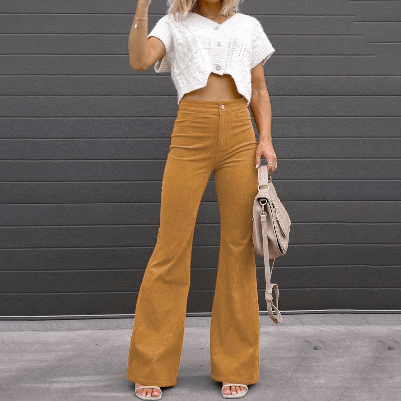 High-Waisted Flared Trousers with Pockets in Corduroy