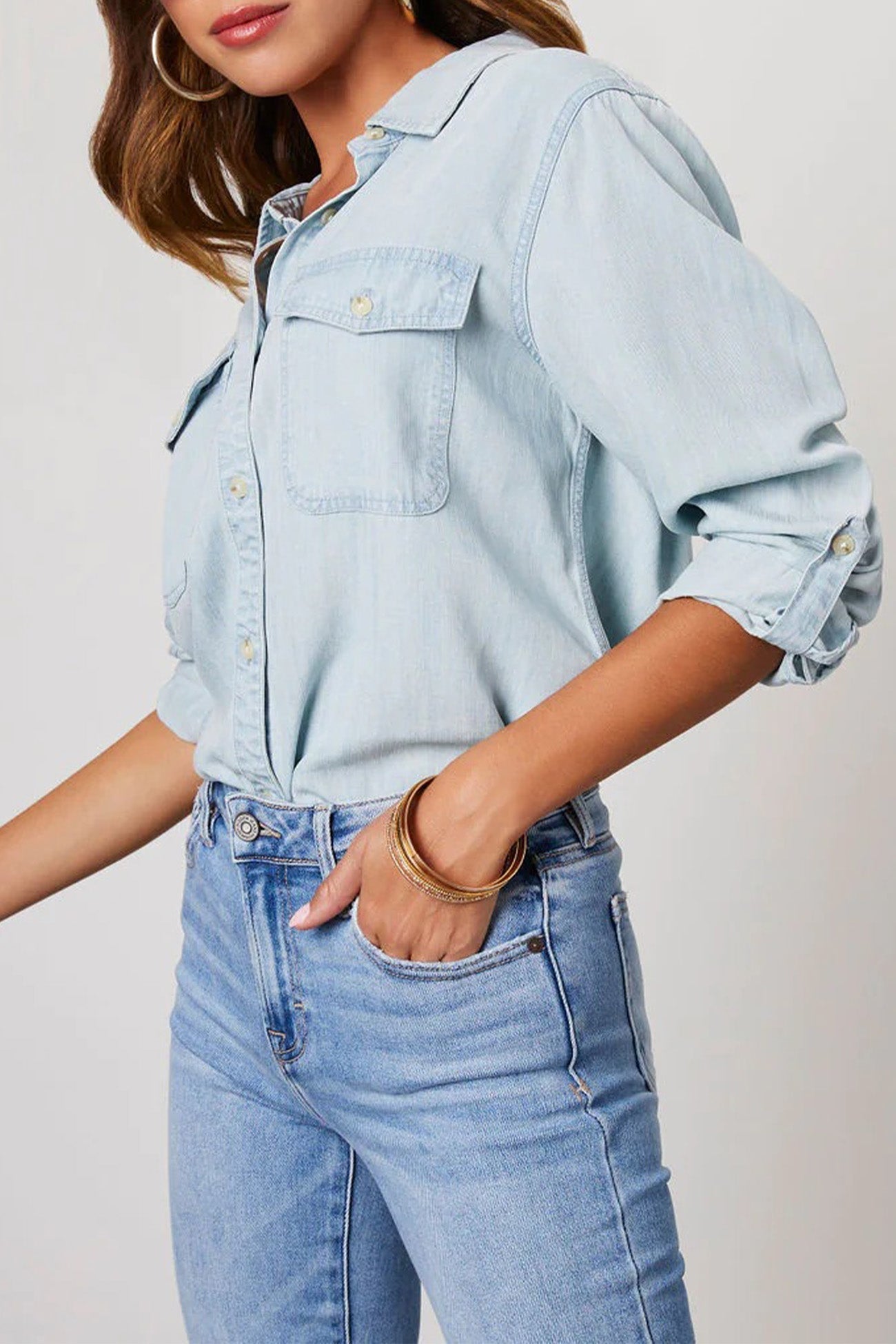 Long Sleeve Button-Up Denim Blouse for Versatile Styling