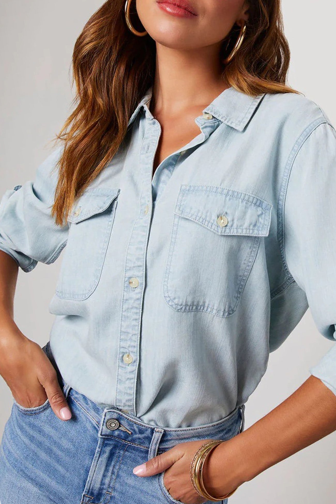 Long Sleeve Button-Up Denim Blouse for Versatile Styling