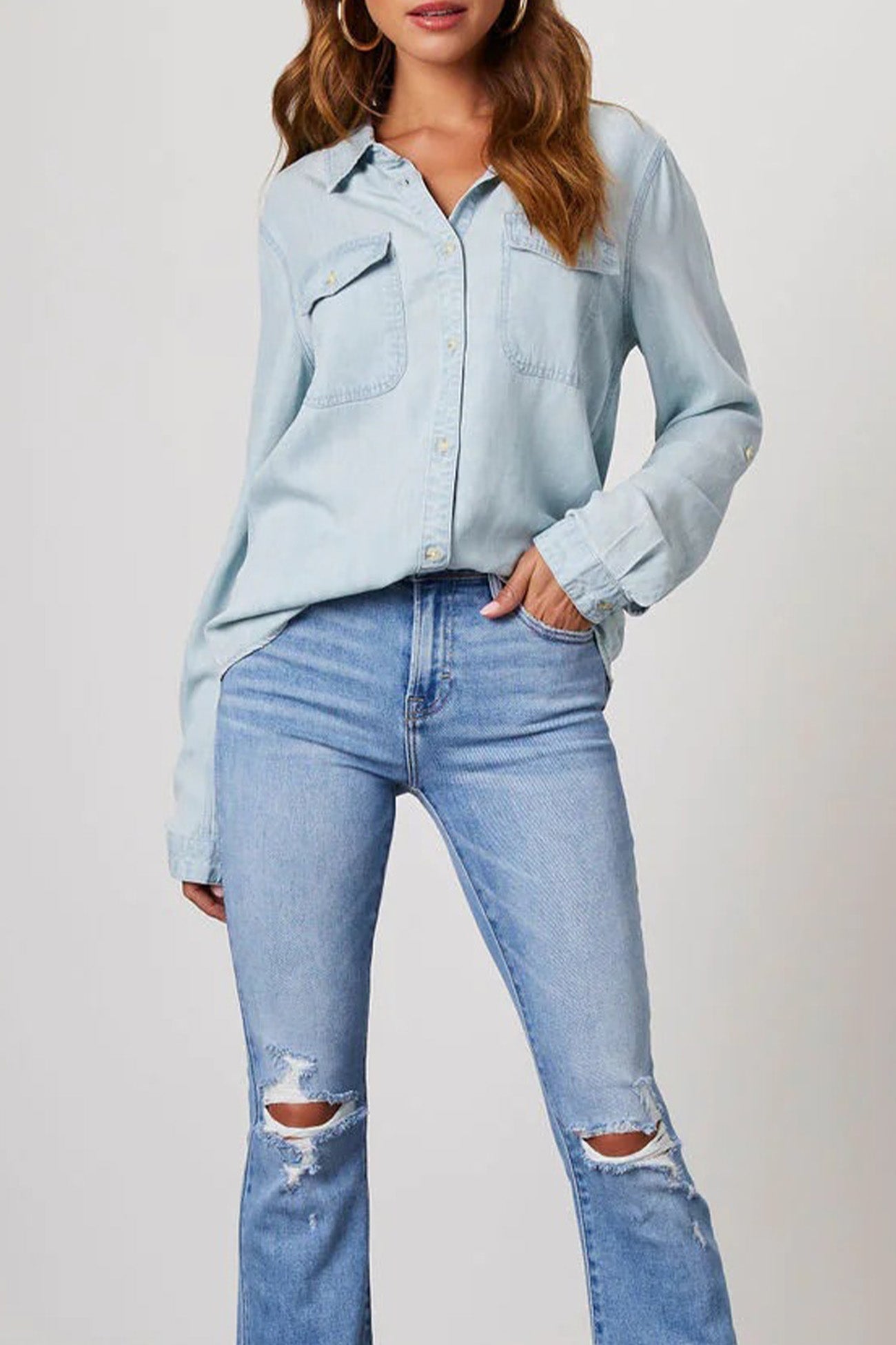 Long Sleeve Button-Up Denim Blouse for Versatile Styling