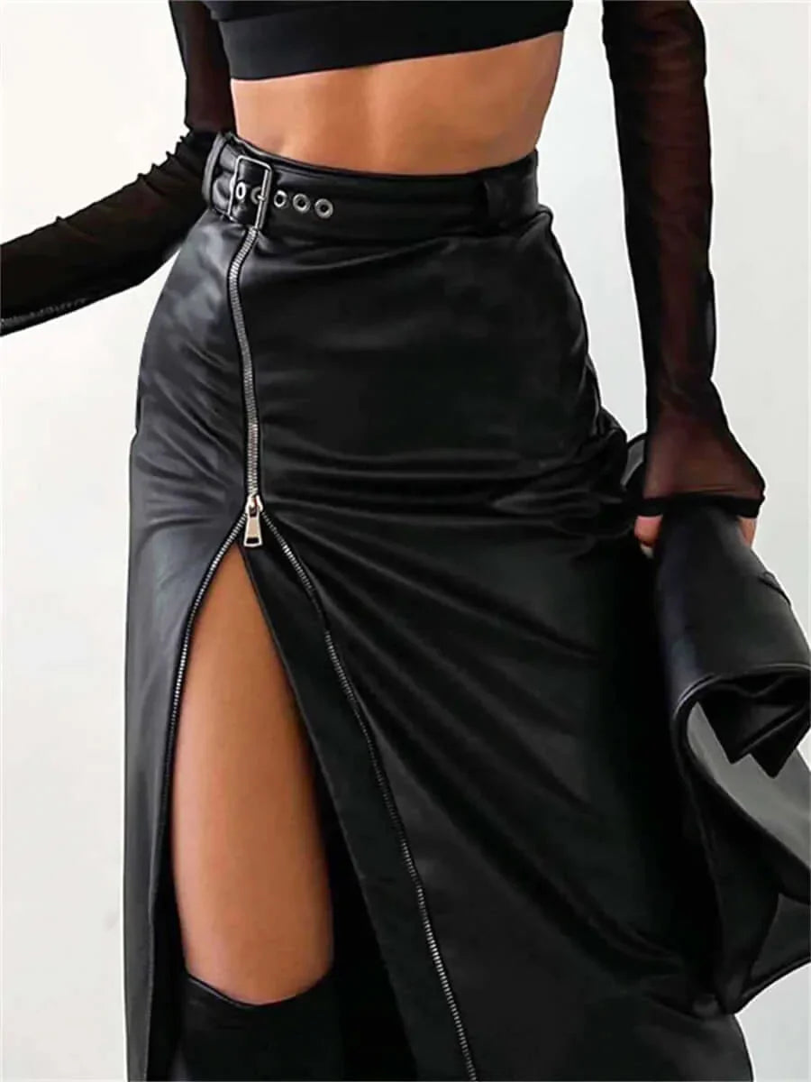 High-Waisted Black PU Leather Pencil Skirt with Zip Fastening